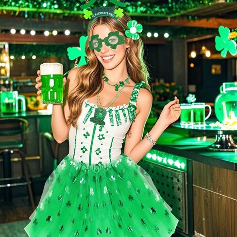 Heliltd 8Pcs St. Patrick'S Costume Accessories Set Includes 3 Layered Tulle Tutus for Women Glitter Shamrock Sunglasses Headband Beaded Necklace and Blowouts in Saudi Arabia