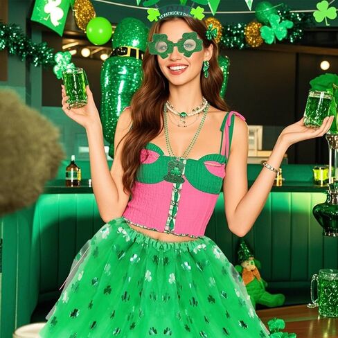 Heliltd 8Pcs St. Patrick'S Costume Accessories Set Includes 3 Layered Tulle Tutus for Women Glitter Shamrock Sunglasses Headband Beaded Necklace and Blowouts in Saudi Arabia
