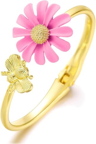 18K Gold Flower Bangle Bracelets for Women Pink Flower Rings Floral Bangle Bracelets Adjustable Gold Arm Cuff Jewelry Waterproof Wristbands Bracelets Party Jewelry in Saudi Arabia