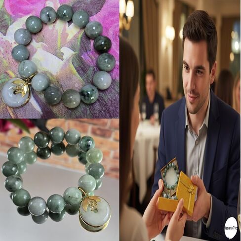 Natural Jade Bracelet for Wealth & Luck with Gold Charm | Premium Gift Box Included – Handmade Green Jadeite Bangle for Prosperity, Energy & Balance in Kuwait