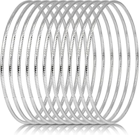 Linkidea Silver Bangle Bracelets for Women, Set of 10 Extra Large Round Bangles, Multi Layer Stackable Textured Jewelry Accessories in Saudi Arabia