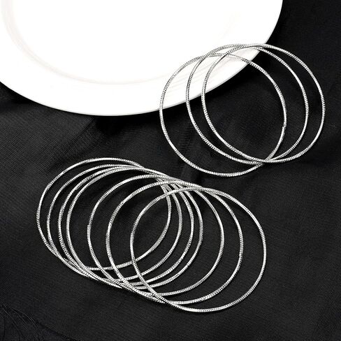Linkidea Silver Bangle Bracelets for Women, Set of 10 Extra Large Round Bangles, Multi Layer Stackable Textured Jewelry Accessories in Saudi Arabia