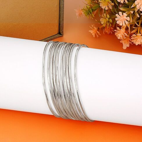 Linkidea Silver Bangle Bracelets for Women, Set of 10 Extra Large Round Bangles, Multi Layer Stackable Textured Jewelry Accessories in Saudi Arabia