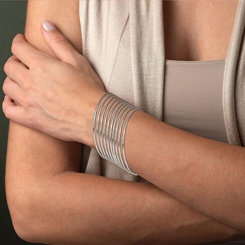 Linkidea Silver Bangle Bracelets for Women, Set of 10 Extra Large Round Bangles, Multi Layer Stackable Textured Jewelry Accessories in Saudi Arabia