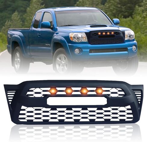 Front Grille for 2016-2023 Tacoma SR, SR5, TRD Off-Road, TRD Sport Extended Cab & Crew Cab, Front Mesh Hollow Bumper Grill with 4 Amber Led Lights Accessories, Matte Black in Kuwait