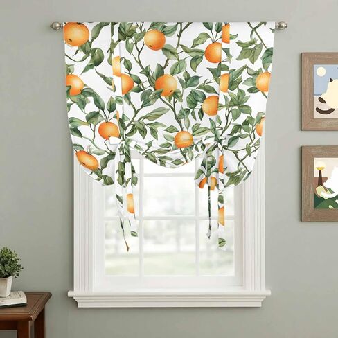 Summer Orange Green Leaves Tie Up Curtains for Window, Farmhouse Botanical Thermal Insulated Balloon Shade Adjustable Rod Pocket Curtains Valance Panels for Kitchen Bathroom Café 42'' x 45'' in Saudi Arabia