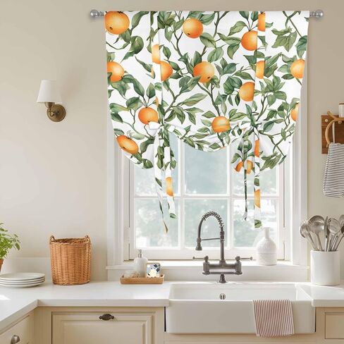 Summer Orange Green Leaves Tie Up Curtains for Window, Farmhouse Botanical Thermal Insulated Balloon Shade Adjustable Rod Pocket Curtains Valance Panels for Kitchen Bathroom Café 42'' x 45'' in Saudi Arabia
