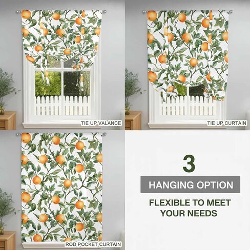Summer Orange Green Leaves Tie Up Curtains for Window, Farmhouse Botanical Thermal Insulated Balloon Shade Adjustable Rod Pocket Curtains Valance Panels for Kitchen Bathroom Café 42'' x 45'' in Saudi Arabia