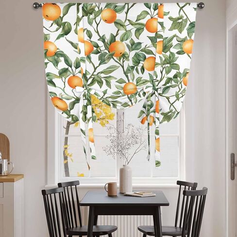 Summer Orange Green Leaves Tie Up Curtains for Window, Farmhouse Botanical Thermal Insulated Balloon Shade Adjustable Rod Pocket Curtains Valance Panels for Kitchen Bathroom Café 42'' x 45'' in Saudi Arabia
