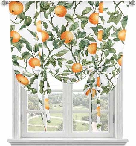 Summer Orange Green Leaves Tie Up Curtains for Window, Farmhouse Botanical Thermal Insulated Balloon Shade Adjustable Rod Pocket Curtains Valance Panels for Kitchen Bathroom Café 42'' x 45'' in Saudi Arabia