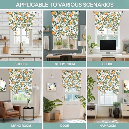 Summer Orange Green Leaves Tie Up Curtains for Window, Farmhouse Botanical Thermal Insulated Balloon Shade Adjustable Rod Pocket Curtains Valance Panels for Kitchen Bathroom Café 42'' x 45'' in Saudi Arabia