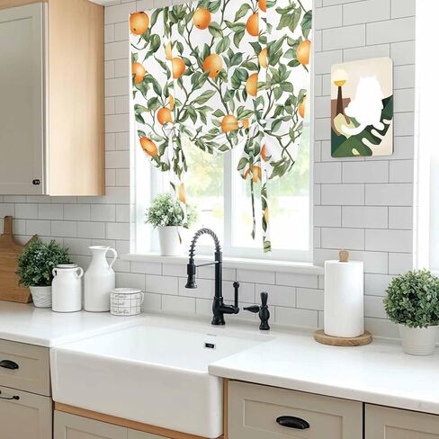 Summer Orange Green Leaves Tie Up Curtains for Window, Farmhouse Botanical Thermal Insulated Balloon Shade Adjustable Rod Pocket Curtains Valance Panels for Kitchen Bathroom Café 42'' x 45'' in Saudi Arabia