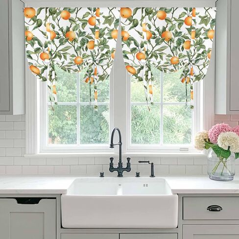Summer Orange Green Leaves Tie Up Curtains for Window, Farmhouse Botanical Thermal Insulated Balloon Shade Adjustable Rod Pocket Curtains Valance Panels for Kitchen Bathroom Café 42'' x 45'' in Saudi Arabia