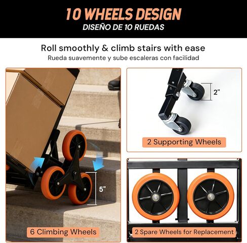SEKAM Stair Climbing Cart, 440 LBS Capacity Folding Hand Truck Dolly with 10 Wheels, Heavy-Duty Stair Climber Cart with Telescoping Handle for Moving, Shopping, Warehouse, and Travel (Orange) in Kuwait