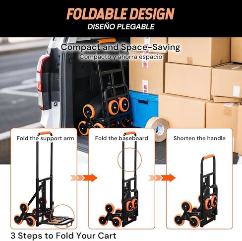 SEKAM Stair Climbing Cart, 440 LBS Capacity Folding Hand Truck Dolly with 10 Wheels, Heavy-Duty Stair Climber Cart with Telescoping Handle for Moving, Shopping, Warehouse, and Travel (Orange) in Kuwait