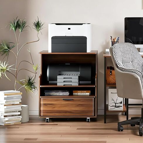 Rolling Printer Stand with Drawer and 3-Tier Storage Shelves, Mobile Wood 3D Printer Cart Under Desk with Wheels, for Home Office Small Spaces Organization, Walnut in Saudi Arabia