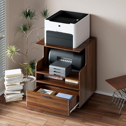 Rolling Printer Stand with Drawer and 3-Tier Storage Shelves, Mobile Wood 3D Printer Cart Under Desk with Wheels, for Home Office Small Spaces Organization, Walnut in Saudi Arabia