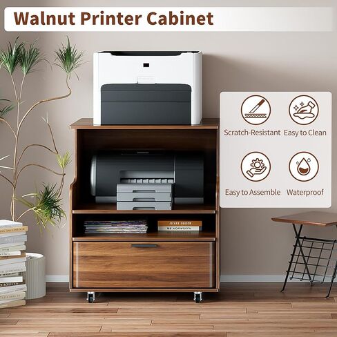 Rolling Printer Stand with Drawer and 3-Tier Storage Shelves, Mobile Wood 3D Printer Cart Under Desk with Wheels, for Home Office Small Spaces Organization, Walnut in Saudi Arabia