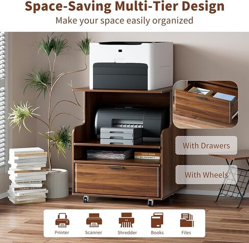 Rolling Printer Stand with Drawer and 3-Tier Storage Shelves, Mobile Wood 3D Printer Cart Under Desk with Wheels, for Home Office Small Spaces Organization, Walnut in Saudi Arabia