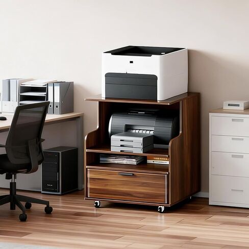 Rolling Printer Stand with Drawer and 3-Tier Storage Shelves, Mobile Wood 3D Printer Cart Under Desk with Wheels, for Home Office Small Spaces Organization, Walnut in Saudi Arabia