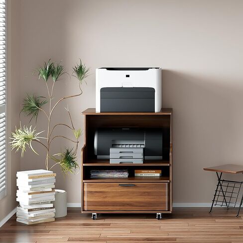 Rolling Printer Stand with Drawer and 3-Tier Storage Shelves, Mobile Wood 3D Printer Cart Under Desk with Wheels, for Home Office Small Spaces Organization, Walnut in Saudi Arabia