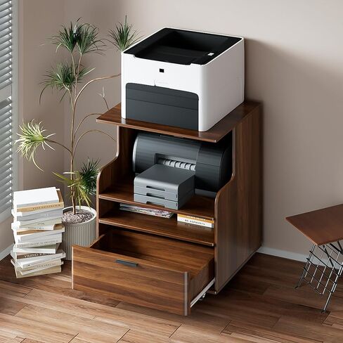 Rolling Printer Stand with Drawer and 3-Tier Storage Shelves, Mobile Wood 3D Printer Cart Under Desk with Wheels, for Home Office Small Spaces Organization, Walnut in Saudi Arabia