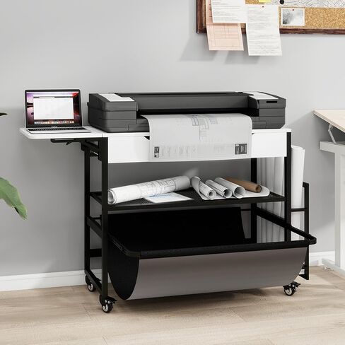 Wide Format Printer Stand with Laptop Station, Plotter Workbench Table with Pull-out Drafting Storage, Roll Paper Holder, Accessory Drawer & Adjustable Shelf for Plotters/Cutting Machines (White) in Saudi Arabia