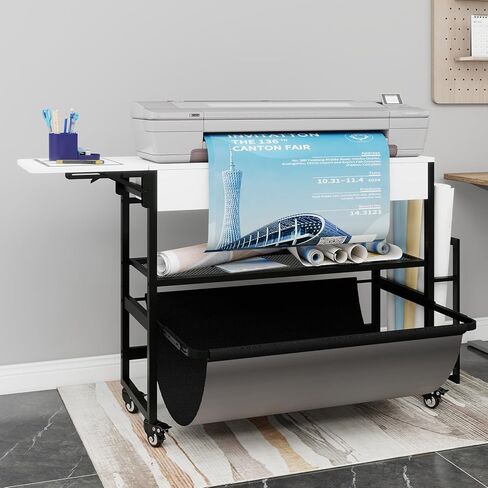 Wide Format Printer Stand with Laptop Station, Plotter Workbench Table with Pull-out Drafting Storage, Roll Paper Holder, Accessory Drawer & Adjustable Shelf for Plotters/Cutting Machines (White) in Saudi Arabia