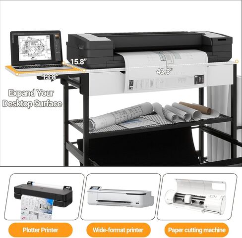 Wide Format Printer Stand with Laptop Station, Plotter Workbench Table with Pull-out Drafting Storage, Roll Paper Holder, Accessory Drawer & Adjustable Shelf for Plotters/Cutting Machines (White) in Saudi Arabia