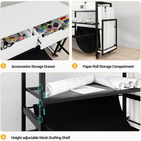 Wide Format Printer Stand with Laptop Station, Plotter Workbench Table with Pull-out Drafting Storage, Roll Paper Holder, Accessory Drawer & Adjustable Shelf for Plotters/Cutting Machines (White) in Saudi Arabia