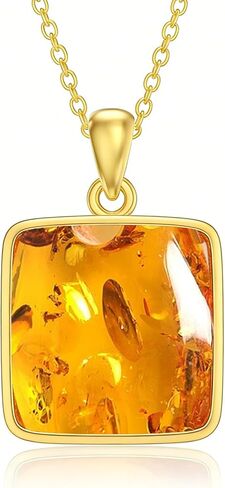 Genuine Baltic Amber 18K Gold Plated Pendant Necklace, 925 Sterling Silver Healing Natural Gemstone Minimalist Jewelry for Women Amber Lover in Saudi Arabia