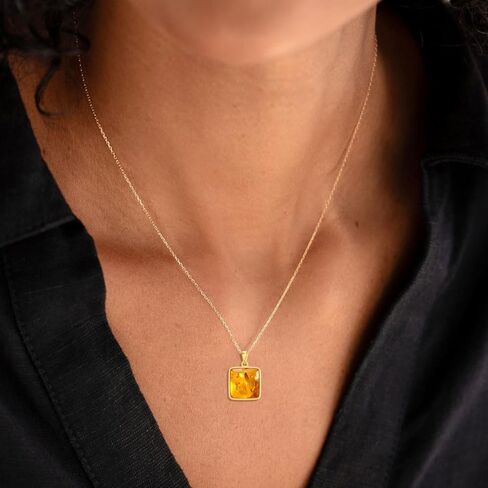 Genuine Baltic Amber 18K Gold Plated Pendant Necklace, 925 Sterling Silver Healing Natural Gemstone Minimalist Jewelry for Women Amber Lover in Saudi Arabia