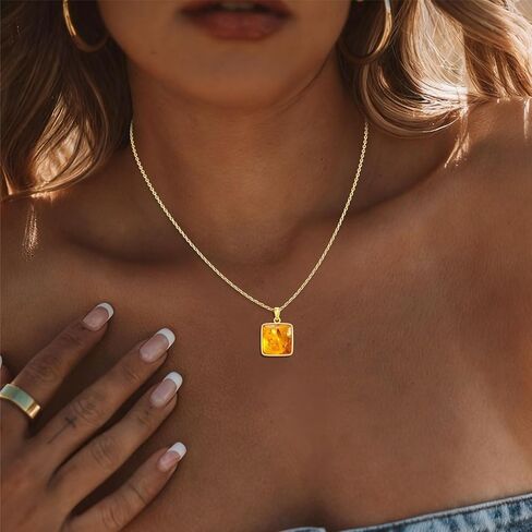 Genuine Baltic Amber 18K Gold Plated Pendant Necklace, 925 Sterling Silver Healing Natural Gemstone Minimalist Jewelry for Women Amber Lover in Saudi Arabia