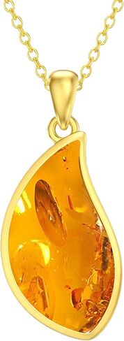 Genuine Baltic Amber 18K Gold Plated Pendant Necklace, 925 Sterling Silver Healing Natural Gemstone Minimalist Jewelry for Women Amber Lover in Saudi Arabia