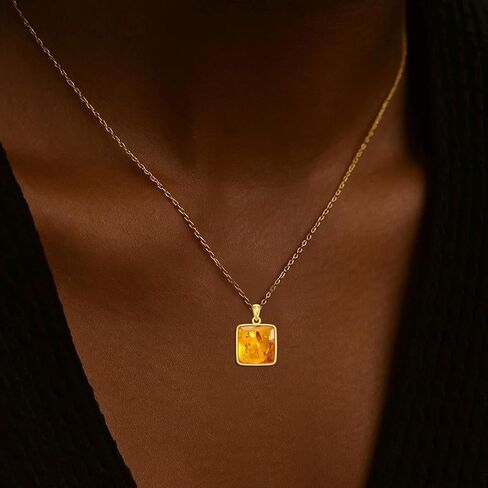 Genuine Baltic Amber 18K Gold Plated Pendant Necklace, 925 Sterling Silver Healing Natural Gemstone Minimalist Jewelry for Women Amber Lover in Saudi Arabia