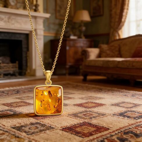 Genuine Baltic Amber 18K Gold Plated Pendant Necklace, 925 Sterling Silver Healing Natural Gemstone Minimalist Jewelry for Women Amber Lover in Saudi Arabia