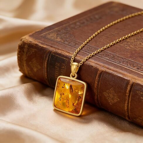 Genuine Baltic Amber 18K Gold Plated Pendant Necklace, 925 Sterling Silver Healing Natural Gemstone Minimalist Jewelry for Women Amber Lover in Saudi Arabia