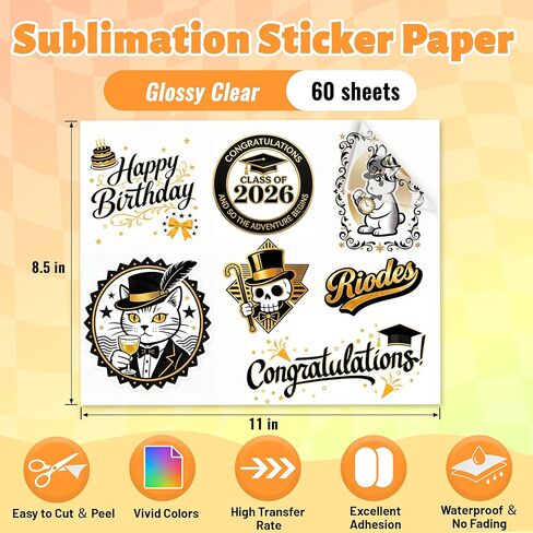 Joyclub Sublimation Sticker Paper, 60 Sheets 8.5x11 Glossy Transparent Waterproof Sticker Paper Vinyl for Sublimation Inkjet Printer and Heat Press, High Clarity for Mugs and Labels in Kuwait