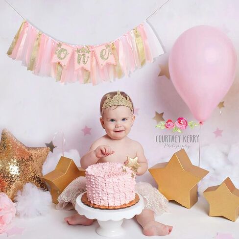 Glitter Star One Birthday Highchair Banner - Little Princess First Party Decorations, Sweet One Birthday Decorations, Twinkle Twinkle Little Star Garland, Pink Girl 1st Photo Prop Cake Smash in Kuwait