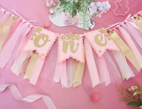 Glitter Star One Birthday Highchair Banner - Little Princess First Party Decorations, Sweet One Birthday Decorations, Twinkle Twinkle Little Star Garland, Pink Girl 1st Photo Prop Cake Smash in Kuwait