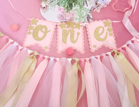 Glitter Star One Birthday Highchair Banner - Little Princess First Party Decorations, Sweet One Birthday Decorations, Twinkle Twinkle Little Star Garland, Pink Girl 1st Photo Prop Cake Smash in Kuwait