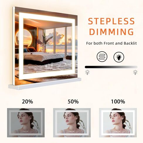 FENCHILIN مرآة فانيتي مع أضواء، 22 بوصة × 19 بوصة بإضاءة خلفية + شريط LED بإضاءة أمامية لمكياج هوليوود مع 3 أوضاع ألوان تعمل باللمس الذكي لغرفة الملابس وغرفة النوم باللون الأبيض in Kuwait
