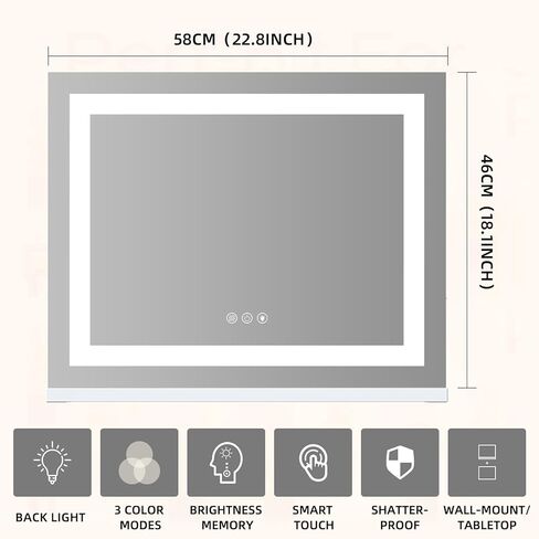FENCHILIN مرآة فانيتي مع أضواء، 22 بوصة × 19 بوصة بإضاءة خلفية + شريط LED بإضاءة أمامية لمكياج هوليوود مع 3 أوضاع ألوان تعمل باللمس الذكي لغرفة الملابس وغرفة النوم باللون الأبيض in Kuwait