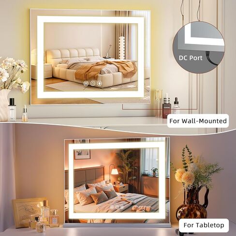 FENCHILIN مرآة فانيتي مع أضواء، 22 بوصة × 19 بوصة بإضاءة خلفية + شريط LED بإضاءة أمامية لمكياج هوليوود مع 3 أوضاع ألوان تعمل باللمس الذكي لغرفة الملابس وغرفة النوم باللون الأبيض in Kuwait
