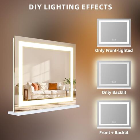 FENCHILIN مرآة فانيتي مع أضواء، 22 بوصة × 19 بوصة بإضاءة خلفية + شريط LED بإضاءة أمامية لمكياج هوليوود مع 3 أوضاع ألوان تعمل باللمس الذكي لغرفة الملابس وغرفة النوم باللون الأبيض in Kuwait