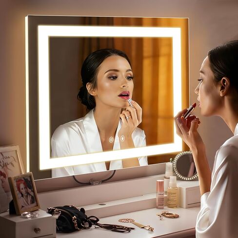 FENCHILIN مرآة فانيتي مع أضواء، 22 بوصة × 19 بوصة بإضاءة خلفية + شريط LED بإضاءة أمامية لمكياج هوليوود مع 3 أوضاع ألوان تعمل باللمس الذكي لغرفة الملابس وغرفة النوم باللون الأبيض in Kuwait