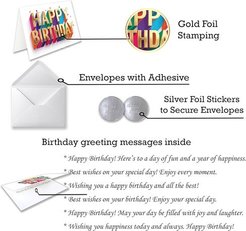 150 Happy Birthday Cards Bulk, Gold Foil Printing with Envelopes and Stickers - 6 Designs Greeting Notes with Messages Inside for Office, Employees,Business, Personal 4x6 Inch in Kuwait