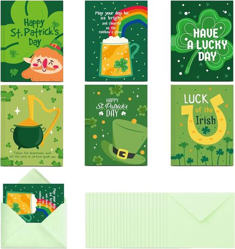YQUQWN 24 حزمة من بطاقات التهنئة لعيد القديس باتريك مجموعة البرسيم حدوة الحصان قوس قزح تصميم بطاقات التهنئة الخضراء مع مغلفات لمستلزمات عيد القديس باتريك السعيد in Kuwait