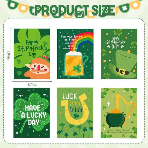 YQUQWN 24 حزمة من بطاقات التهنئة لعيد القديس باتريك مجموعة البرسيم حدوة الحصان قوس قزح تصميم بطاقات التهنئة الخضراء مع مغلفات لمستلزمات عيد القديس باتريك السعيد in Kuwait