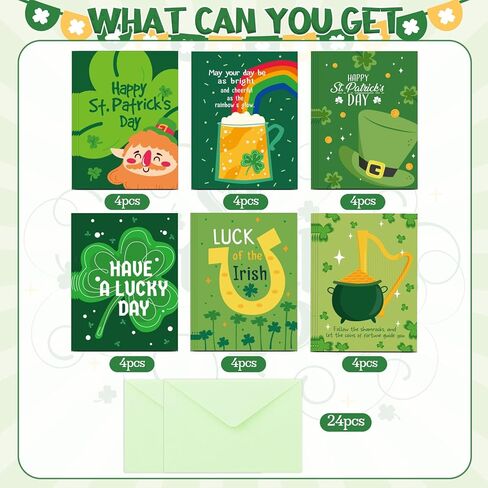 YQUQWN 24 حزمة من بطاقات التهنئة لعيد القديس باتريك مجموعة البرسيم حدوة الحصان قوس قزح تصميم بطاقات التهنئة الخضراء مع مغلفات لمستلزمات عيد القديس باتريك السعيد in Kuwait